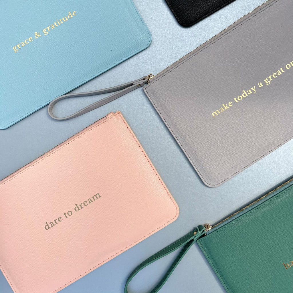 Our encouraging and motivational statement pouches come in 5 colors and all include a motivational and encouraging saying. You can choose the colour of the pouch and the statement and for an extra special touch we will personalize the pouch with initials in the bottom corner. 